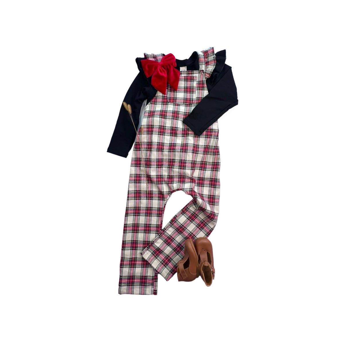 Gemma Ruffled Overalls in 'Milk and Cookies Plaid' - Ready To Ship