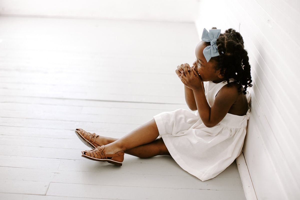 Heidi Pinafore in 'Dotty Chambray' - Ready To Ship