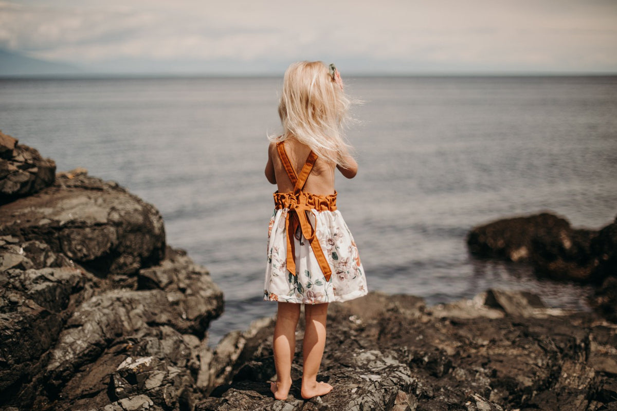 Heidi Pinafore in 'Dotty Chambray' - Ready To Ship