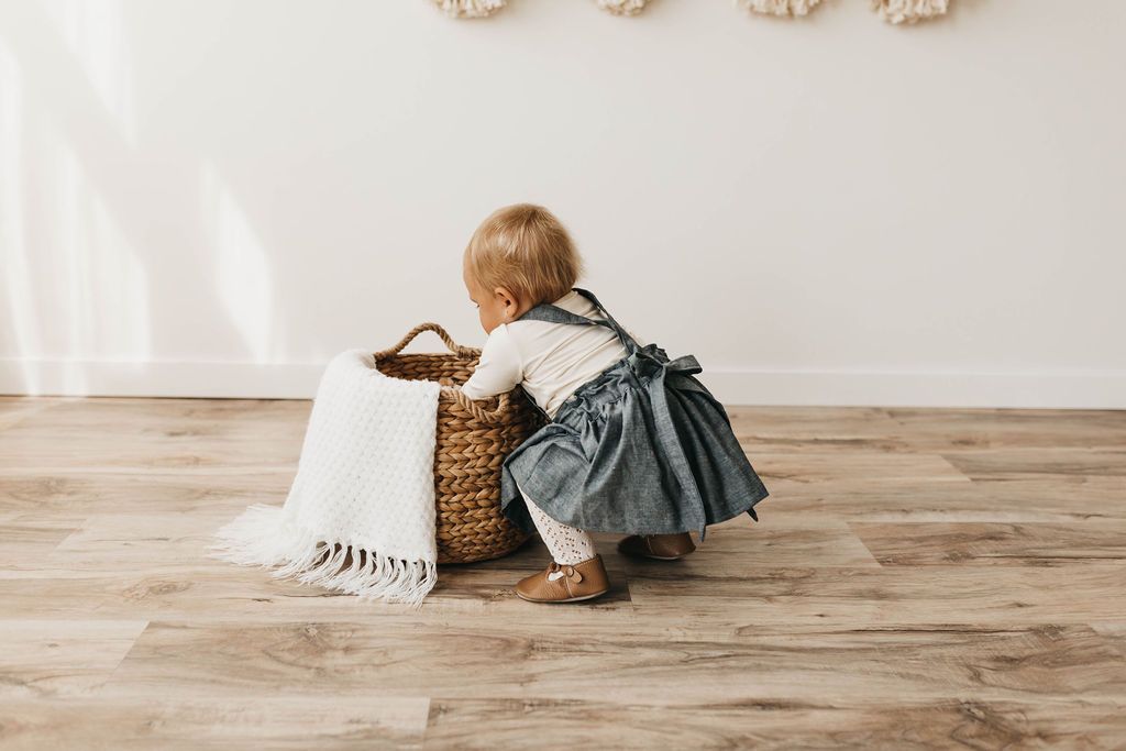 Heidi Pinafore in 'Dotty Chambray' - Ready To Ship