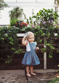 Heidi Pinafore in 'Dotty Chambray' - Ready To Ship