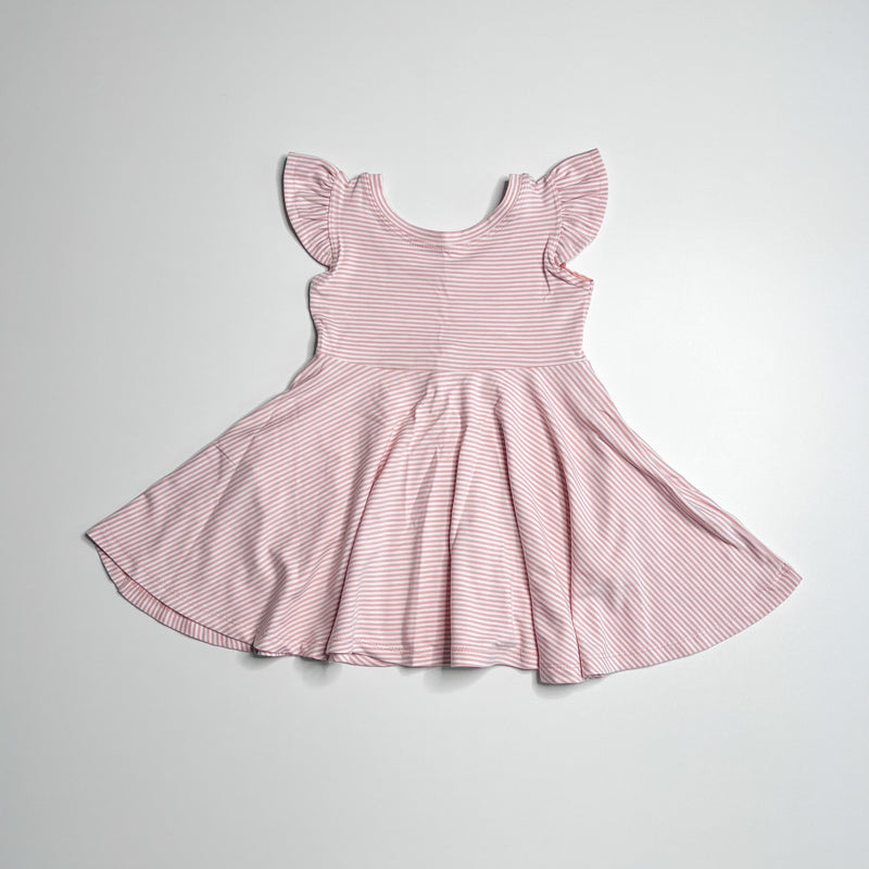 Elle Twirl Dress [Flutter Sleeve] in 'Sunset Pink Mini Stripe' - Ready To Ship