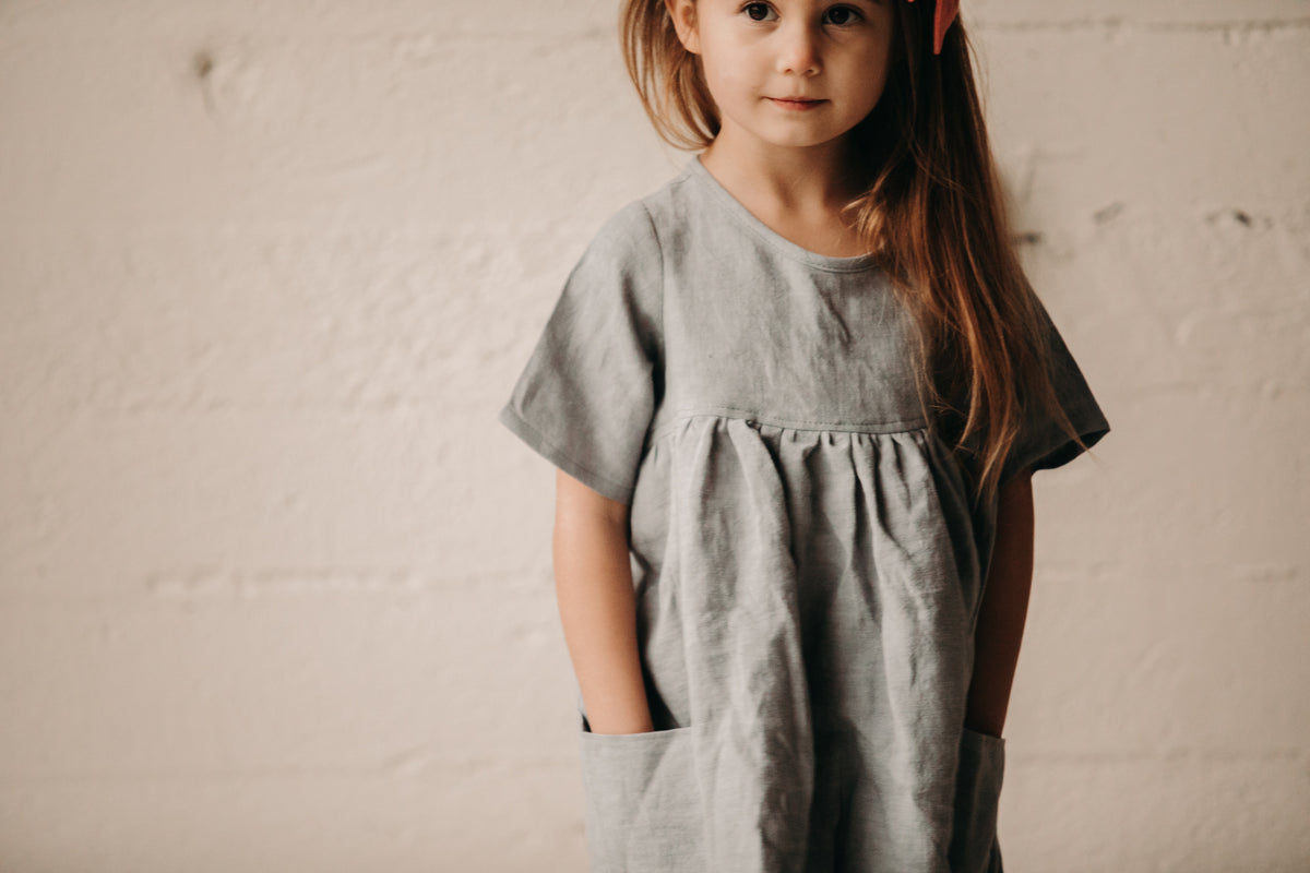 Nora Short-Sleeved Tunic with  Pockets in 'Wolf Cub Stonewashed Linen' - Ready To Ship