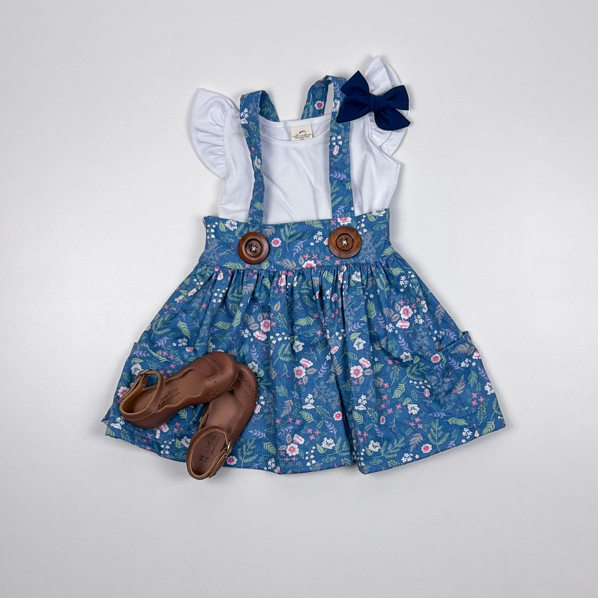 Savannah Suspender  Skirt in ‘Denim Botanical'- Ready to Ship