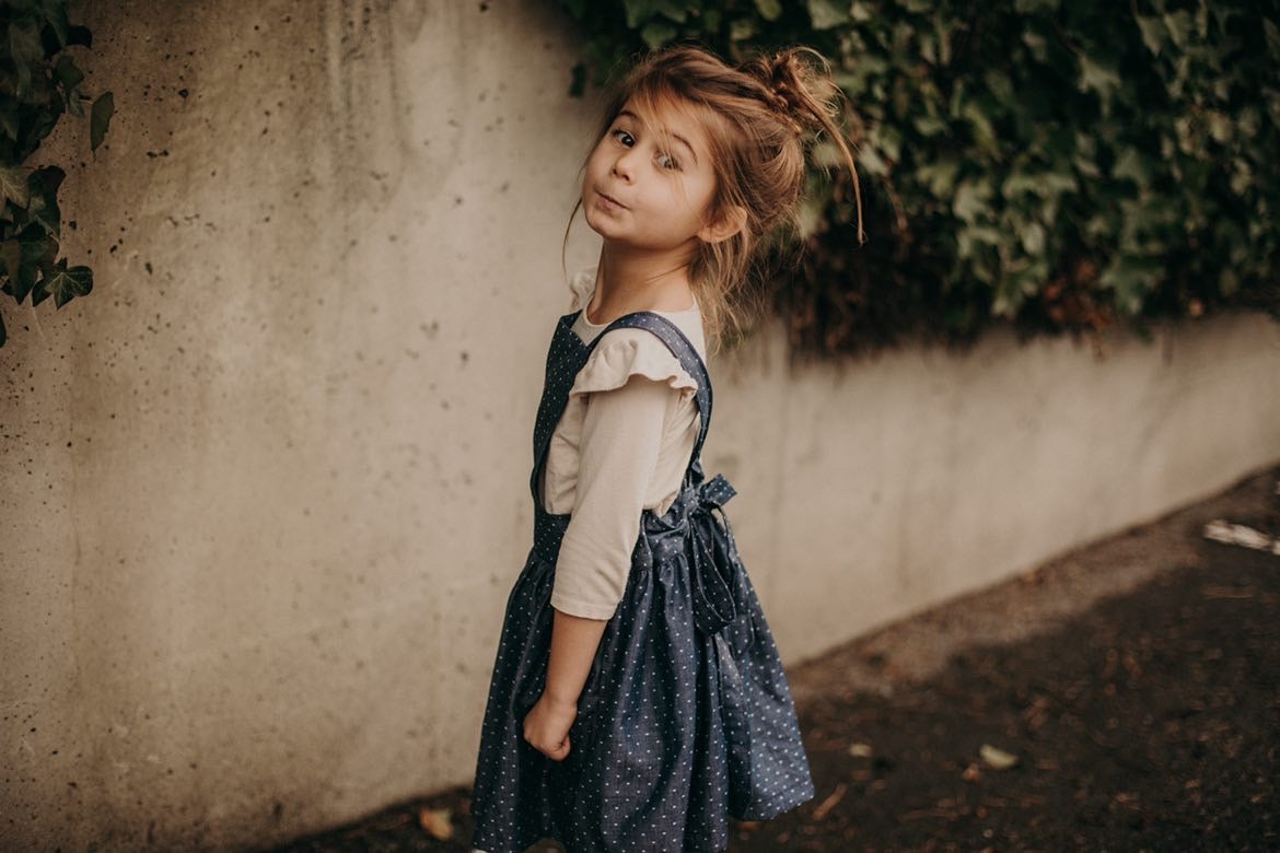 Heidi Pinafore in 'Dotty Chambray' - Ready To Ship